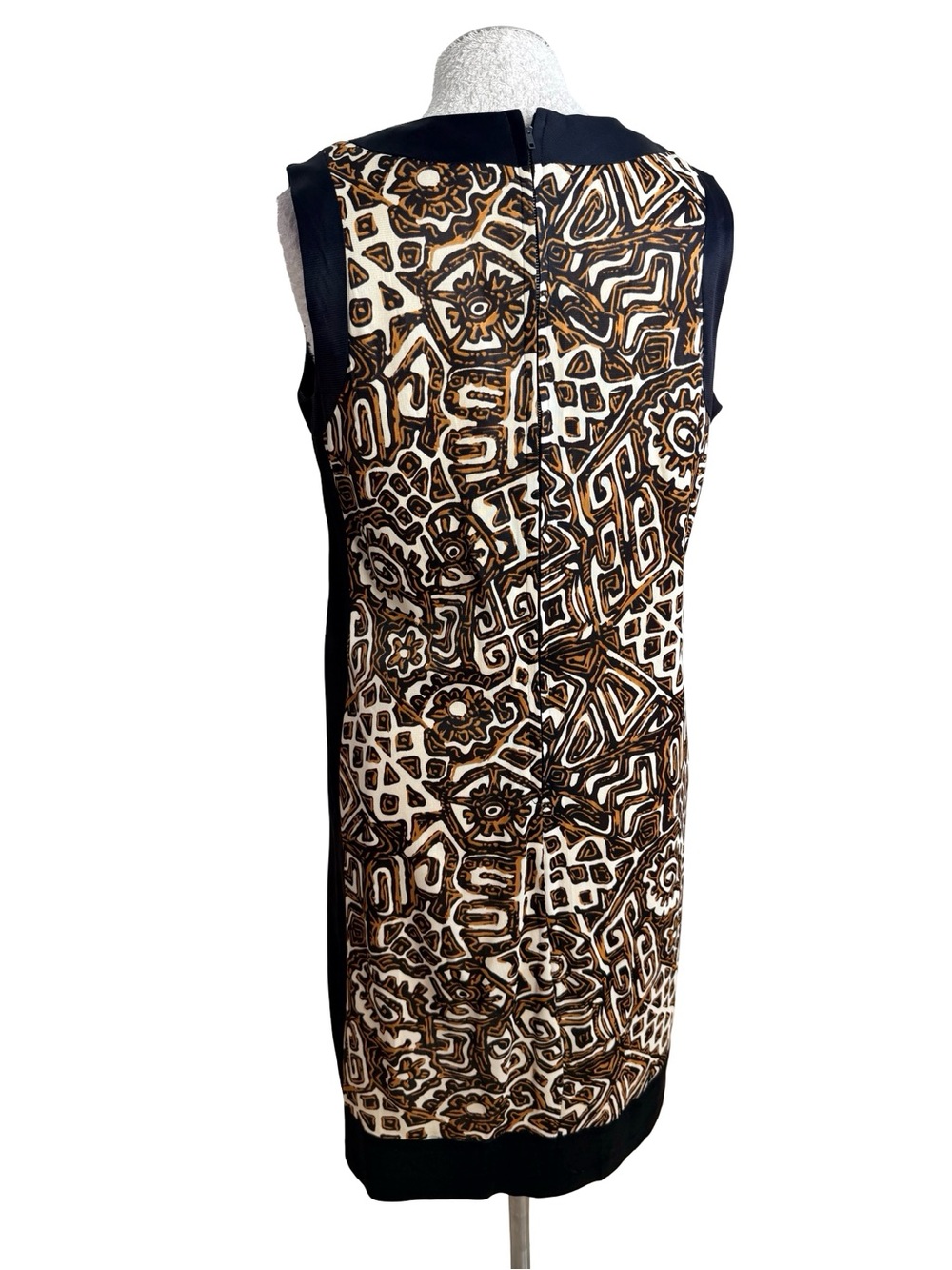 Vintage 60s Sleeveless Black and Brown Patterned Shift tiki Dress